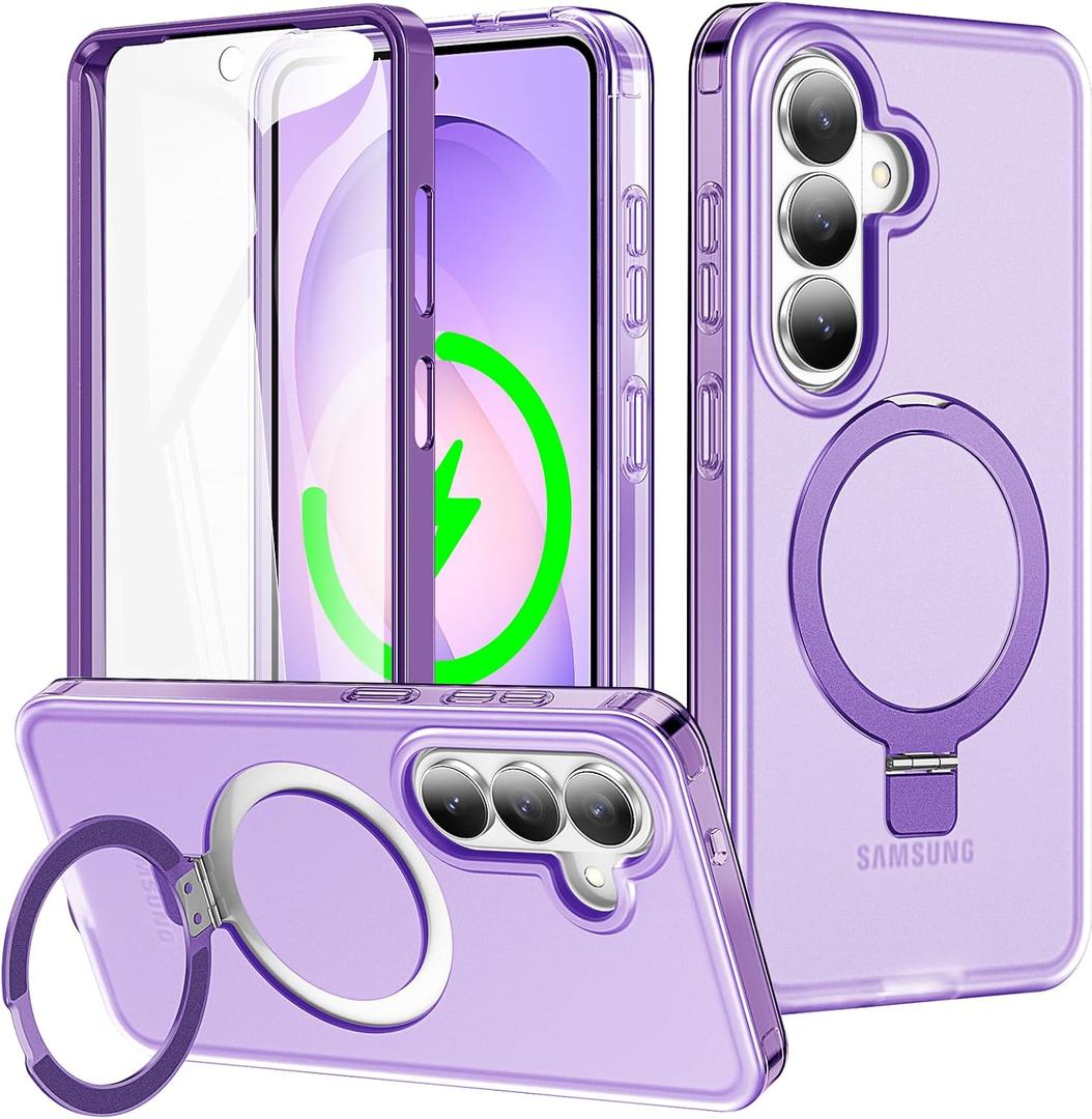 for Samsung Galaxy S26 Case with Magnetic Invisible Stand[Compatible with MagSafe] with Screen Protector Dual Layer Full Body Military Shockproof Translucent Phone Cover-Purple
