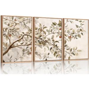 HLNIUC Apple Tree Vintage Framed Wall Art Set, Botanical Branch Canvas Wall Decor, Rustic Farmhouse Leaves Wall Painting, Retro Nature Plant Art Print for Living Room, Bedroom, Office - 16"x24"x3
