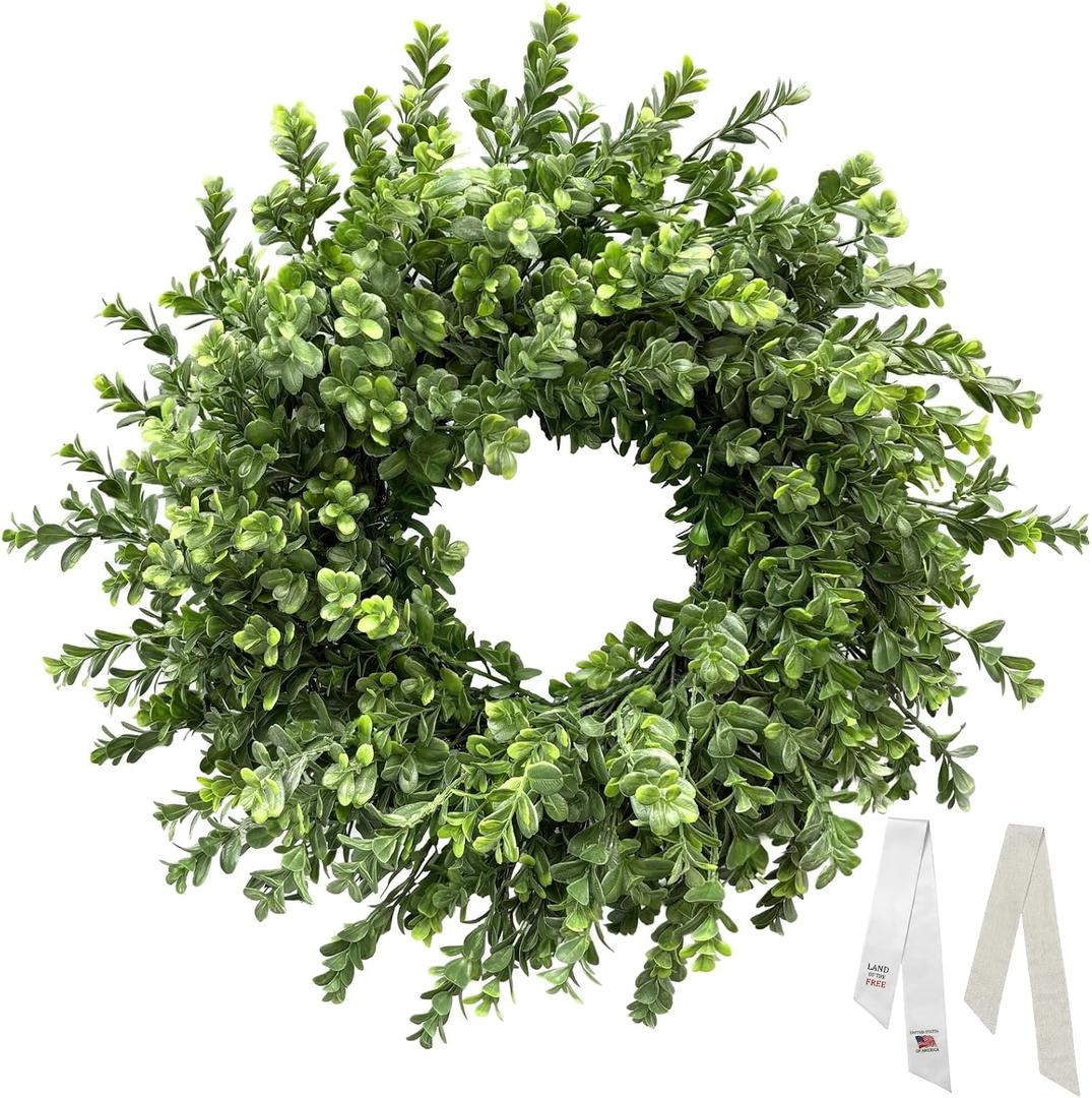 26 Inch Large Boxwood Wreaths for Front Door, Spring & Summer Artificial Wreath with Patriotic & Burlap Sash, Faux Greenery Year-Round Farmhouse Wedding Porch Window, Indoor Outdoor Decor