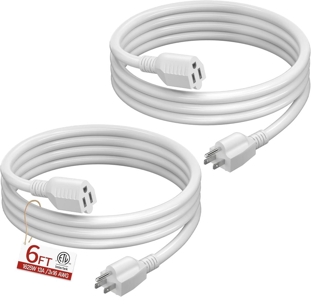 16/3 Short Extension Cord 6 FT 2 Pack, White Extension Cord Flexible & Durable, Indoor 3 Prong Power Cable, Suitable for Home and Office, 13 Amp 1625 Watt 125VAC 16AWG, ETL Listed