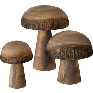 WHW Whole House Worlds Farmers Market Mushrooms, Set of 3, Decorative Kitchen Figurines, Rustic Art, Pine Wood, Bark Details, 4.75 Inches