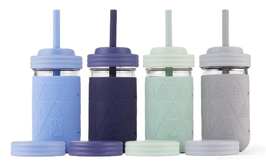 Elk and Friends Kids + Toddler Glass Cups | The Original 12oz Glass Mason Jar with Sleeves + Lids | Silicone Straws + Stopper | Smoothie Cup | Food Storage | Spill Resistant | Dishwasher Safe | 4 Pack