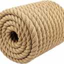 Natural Jute Rope (3/4 Inch x 100 Feet) Thick Hemp Rope Twisted Manila for DIY Crafts, Deck Railings, Hanging Swing, Nautical Decorating