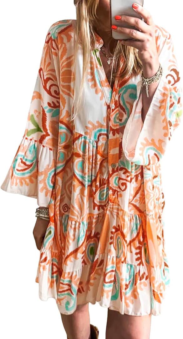 miduo Womens Summer Dress Casual V Neck Buttoned 3/4 Sleeve Bohemian Tribal Print Flowy Mini Dresses (Large, Orange)