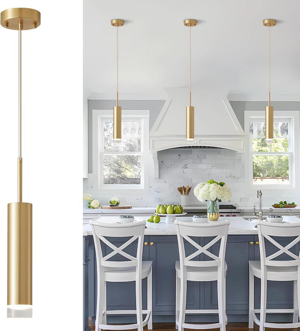 KCO Lighting LED Gold Mini Pendant Light Modern Kitchen Island Ceiling Hanging Light Fixtures Small Cylinder Ceiling Pendant Lighting for Bedroom, Dinning Room (Gold)