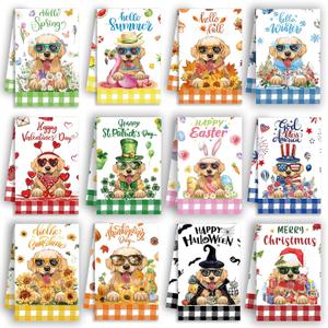 MALEBAZI Golden Retriever Cute Kitchen Towels Set of 12, Seasonal Kitchen Hand Towels, Puppy Dog Holiday Dish Towels for Kitchen Decorative, Spring Fall Absorbent Dishcloths Wash Cloths 21.3x14.2 Inch