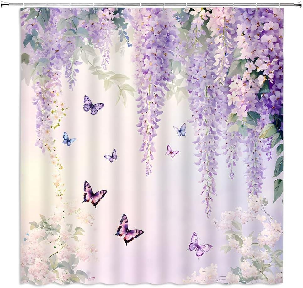 Purple Floral Butterfly Shower Curtain Rustic Weeping Wisteria Blossom Watercolor Lavender Flower Green Leaves Spring Garden Nature Scenery Bathroom Decor Polyester Curtains with Hooks,70Wx70L