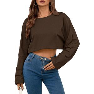Remidoo Women's Casual Long Sleeve Cropped Sweatshirt Crewneck Pullover Shirt Brown Large