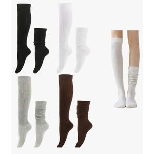 4 Pairs Slouch Socks for Women (Black, White, Light Gray, Coffee) - Thickened Knee High Boot Socks, Warm Leg Warmers, Cute Scrunchy Chunky for Winter & Boots