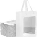 12 Pcs White Kraft Paper Gift Bags with Transparent Window, 9.84"x7.0"x5.12" Kraft Shopping Bags with Handles for Bouquet Christmas Birthdays Festivals Party Weddings Wrapping