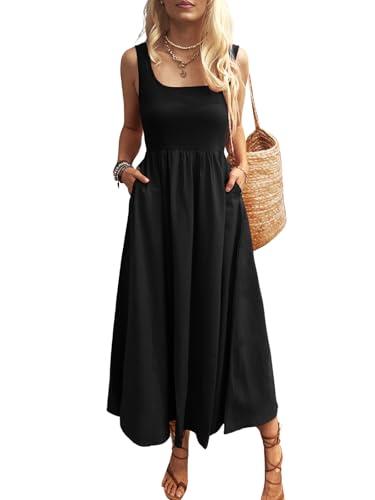 Mieazom Women's Maxi Dress Summer Sleeveless Swing Sundress Casual Loose Tank Long Dresses with Pockets Black L