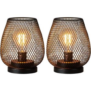 DECORKEY Set of 2 Battery Operated Lamp LED Table Lantern, Brown Metal Cage Cordless Lamps with LED BulbVintage Decorative Outdoor Lantern for Weddings, Parties, Patio, Events for Indoors Shelf Decor