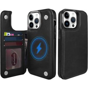 for iPhone 14Pro Max Magnetic Flip Wallet Case 6.7", Compatible with MagSafe, Leather Card Holder Kickstand for iPhone 14 Pro Max (Black, iPhone 14 Pro Max)
