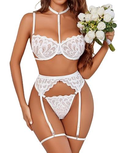 Avidlove Lingerie For Women Sexy Bra And Panty Sets With Garter Belt 3 Piece Underwire Lingeries Set Babydoll Bodysuit White XXL