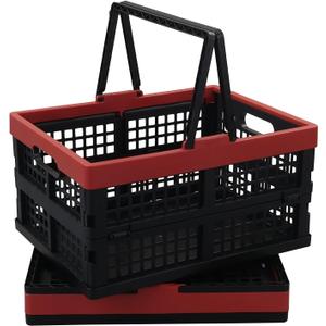 Idomy Pack of 2 Collapsible Storage Crates with Handles, Plastic Grocery Shopping Baskets