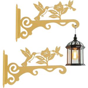 Elegant Bird Pattern Wall Hooks - 10/12/14 Inch Metal Plant Hangers for Indoor & Outdoor - Rust-Resistant Bracket for Plants, Feeders, Chimes, Lanterns (2, Gold, 10 inch)