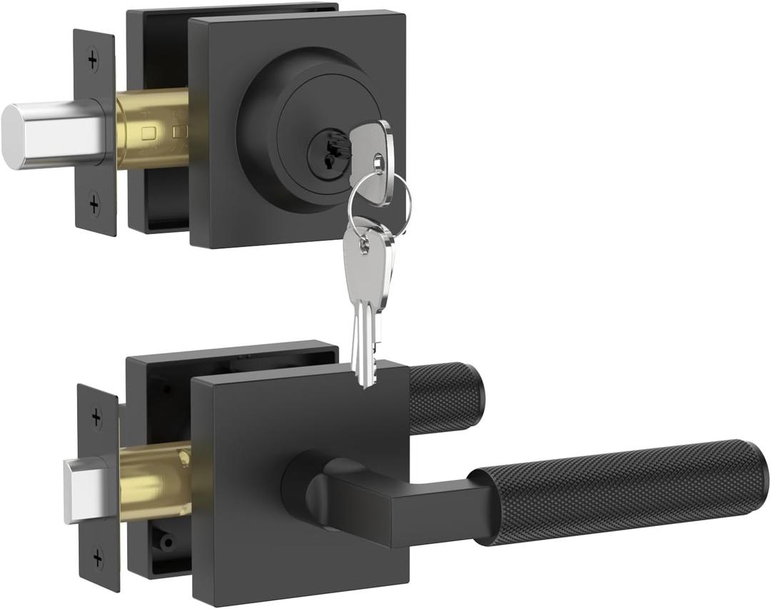 Asidrama Premium Matte Black Zinc-Alloy Front Door Lock Set: Double Cylinder Deadbolt, Heavy Duty Security Handleset for Left/Right Exterior Doors, Universal Entry Locks (1 Pack) Z003-098