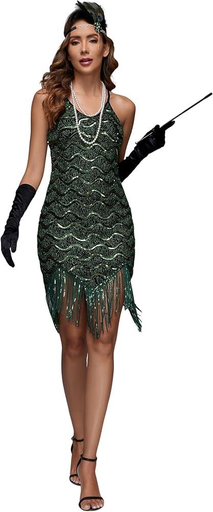 Women's 1920s Flapper Sequin Dress for Great Gatsby Theme Party Dress With Roaring 20s Accessories Set for Party