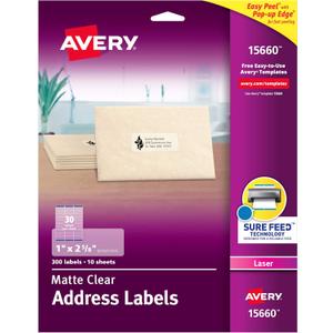 Avery Printable Address Labels for Laser Printers, 1" x 2-5/8", Matte Clear, 300 Blank Mailing Labels (15660)
