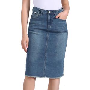 Allegra K Women's Casual Jean Skirt High Waist Back Slit Stretch Denim Skirts (Blue)