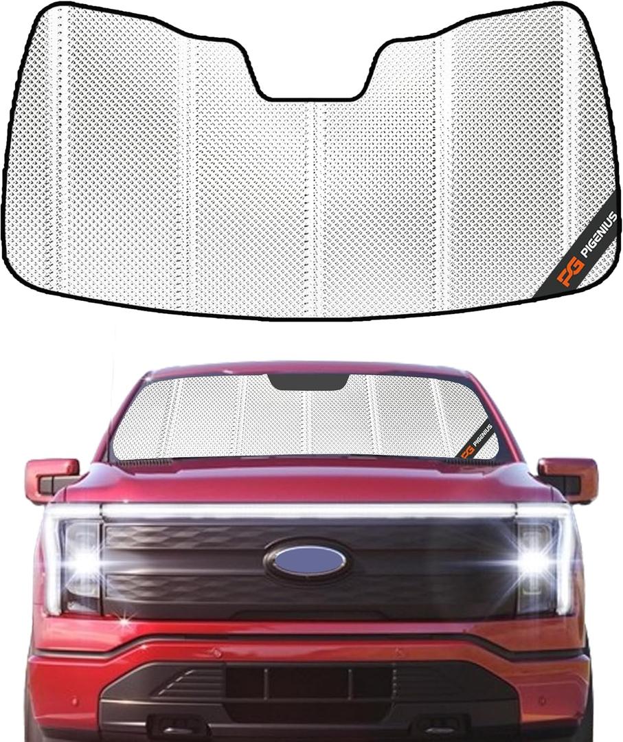 Windshield Sun Shade for Ford F150 Lightning 2022-2025. Reflective Aluminum Film Front Window Sunshade - BLAZBLOCK (Shiny Silver Classic)