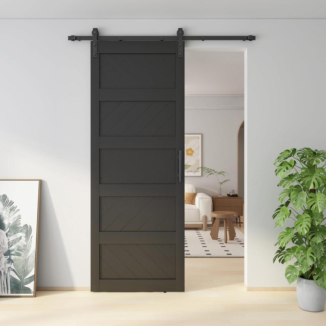 JUBEST 36" x 96" Barn Door, Slding Barn Door Kit Wave Shape Barn Door Panel with Hardware Kit Include, MDF Board & PVC Covered, Easy Installation, Black