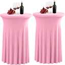 2 Pack Pink Spandex Stretch Round Table Covers with Skirt - 24x43 Inch Fitted Elastic Cocktail Tablecloth for High Top Bar, Party & Wedding Decor, Pink