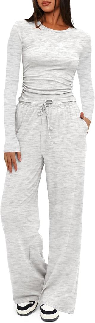 Darong Women's 2 Piece Lounge Sets Long Sleeve Tops Wide Leg Pants Casual Outfits Pajama Set Fall Collection 9065B White Grey M