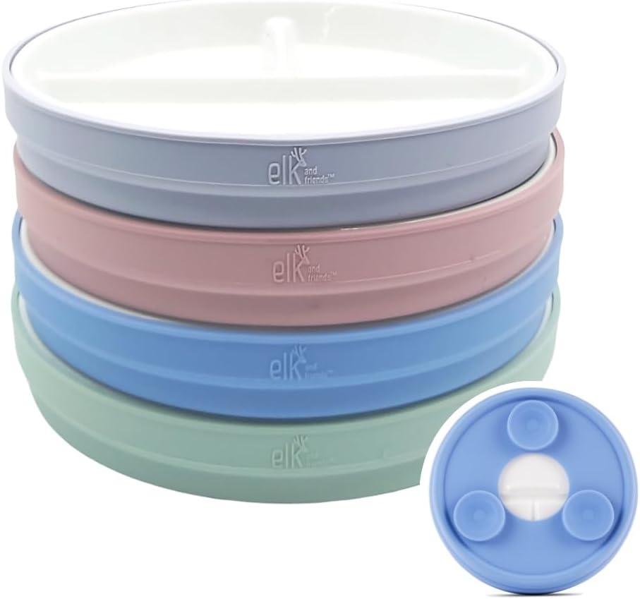 Elk and Friends Kids 6.7 Porcelain Divided Plates with Silicone Suction Sleeves | Suitable for Babies/Kids/Toddlers | Microwave & Dishwasher Safe | Non Slip | Snack Dishes | 4 Pack (Blush/Lilac/Sage/MistyBlue)
