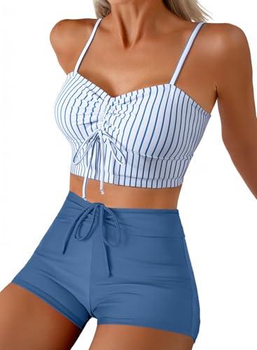 Herseas Women Bestselling Bikini Set Two Piece Vintage Swimsuit Color Block Summer Outfit Beach Wear Floral Print Modest Bathing Suit Sky Blue Stripe, XX-Large