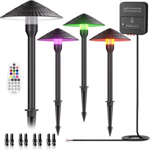 RGBW Low Voltage Landscape Lights 5W Color Changing Pathway Lights 12-24V Dusk to Dawn Timer Cast-Aluminum Multi-Color Landscape Path Lighting IP66 Waterproof for Halloween Christmas, 4 Pack