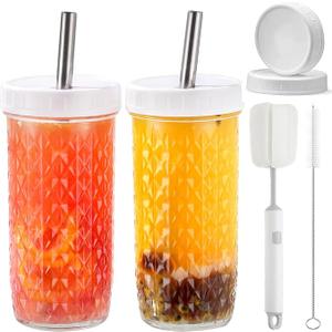 2 Pcs 24oz Glass Cups Set, Mason Jar Drinking Glasses with Lids and Straws & 2 Airtight Lids, Cute Reusable Smoothie cups, Iced Coffee Cups, Travel Tumbler for Bubble Tea, Juice, Gift