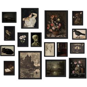 16 PCS Framed Dark Academia Room Decor, Gothic Home Decor, Moody Wall Art Prints for Bedroom, Gallery Wall Frame Set, Witchy Posters for Living Room Aesthetic, Halloween Dorm Collage Kit (12"x15" Framed)