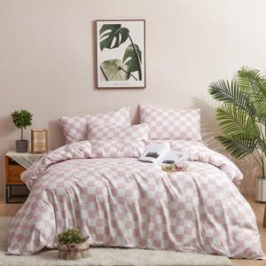 Pureant Pumpkin White Plaid Comforter Set Full Pink and White Checkered Bedding Comforter Soft Women Girls Brown Checkerboard Grid Quilts Full Size Boho Pumpkin Buffalo Plaid Comforter Geomertic