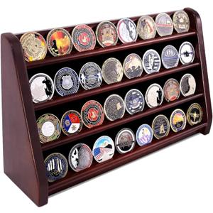 4 Rows Military Wooden Challenge Coin Display Case - Wall Mountable Army Holder Stand Rack, Holds 32 Coins, Mahogany