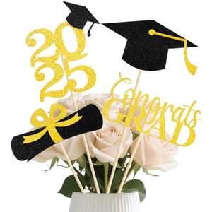 Pack of 3, TOOYUMON Graduation Decorations 2025, 16pcs Graduation Centerpieces for Table, Gold and Black Double-Sided Glittering Centerpiece Table Decorations, Class of 2025 Grad Party Decors