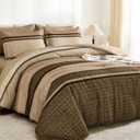WONGS BEDDING 7 Pieces Comforter Set Queen Size, Brown Striped Fall Winter Bed in a Bag Comforter and Sheet Set, Minimalist Geometric Soft Lightweight Micorfiber Bedding Set for All Season (90"×90")