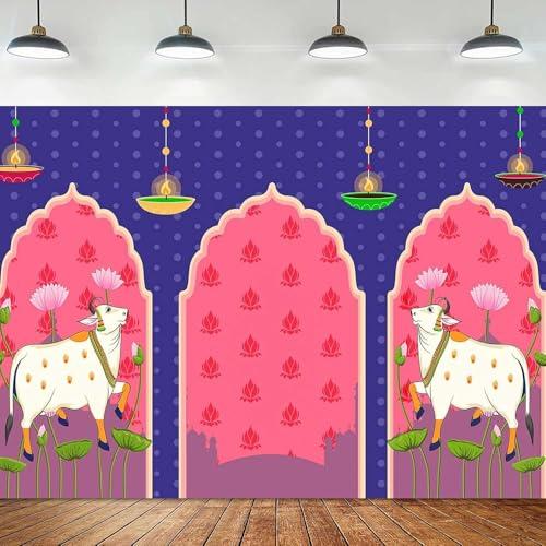 TYOOFD Indian Blue Lotus Cow Pooja Pichwai Backdrop for Traditional Indian Pooja Wedding Housewarming Diwali Ganapati Baby Shower Haldi Ceremonies Indian Wall Art Photo Background 9x6ft BJDWFD411