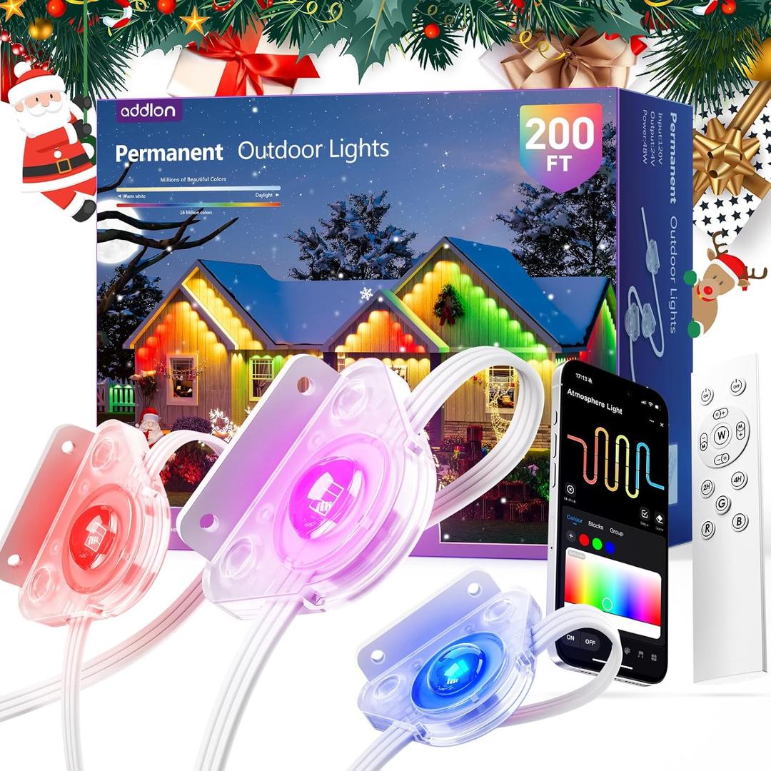 addlon Permanent Outdoor Lights, RGB+IC Color-Changing LED House Lighting with App & Remote, Christmas Light Effects, IP67 Weatherproof Outdoor Lights for Holidays & Christmas Decorations, 200FT