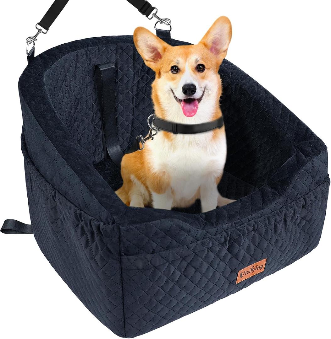 Vivifying Dog Car Seat for Small & Medium Dogs, Detachable & Washable Booster Seat for Pets Up to 30lbs, Travel Bed with Storage Pockets and Safety Belt Black