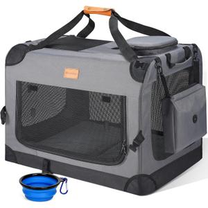 Morpilot 24-inch Portable Collapsible Dog Crate: Travel Dog Crate Soft-Sided for Small Dogs up to 27lbs, with Foldable Bowl, Shoulder Strap & Storage Pockets, Grey