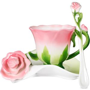 Dandat Ceramic Rose Tea Cups and Saucers with Spoon Rose Flower Shaped Cup and Sauce Set Cute Tea Cups Flower Mug Valentine Birthday Christmas Gifts for Home Office Kitchen, 6 oz(Pink)