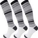 +MD Compression Socks for Women Men, 3 Pairs 15-20mmHg Knee High Support Cushion Socks for Pregnant Nurses Travel (Medium, White/Striped)