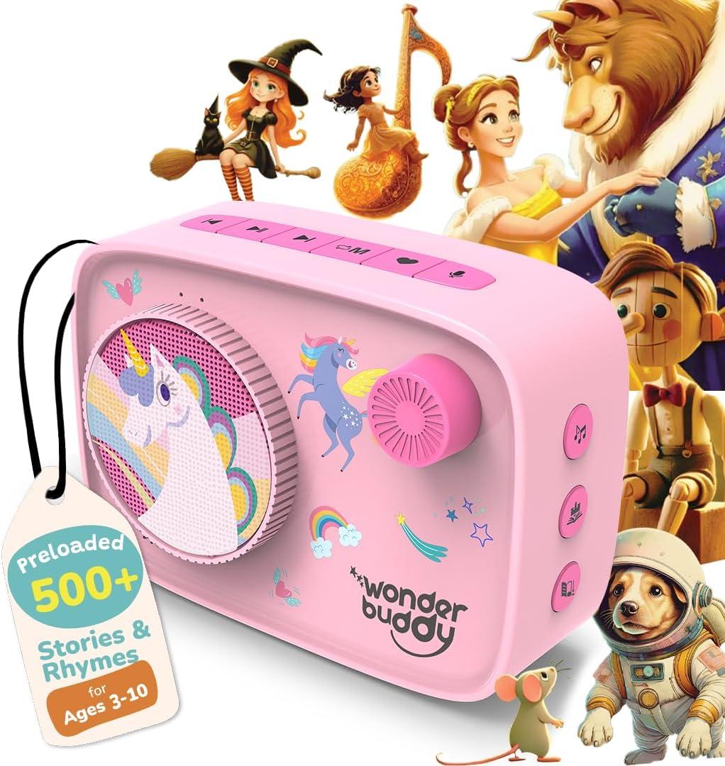 WonderBuddy Kids Story Box Audio Player, 500+ Preloaded Stories & Rhymes with Storybook DIY Art Kit, Voice Recorder, Content Upgrade, Bluetooth, Birthday Gift for Girls 3+ Years- Unicorn (Pink)