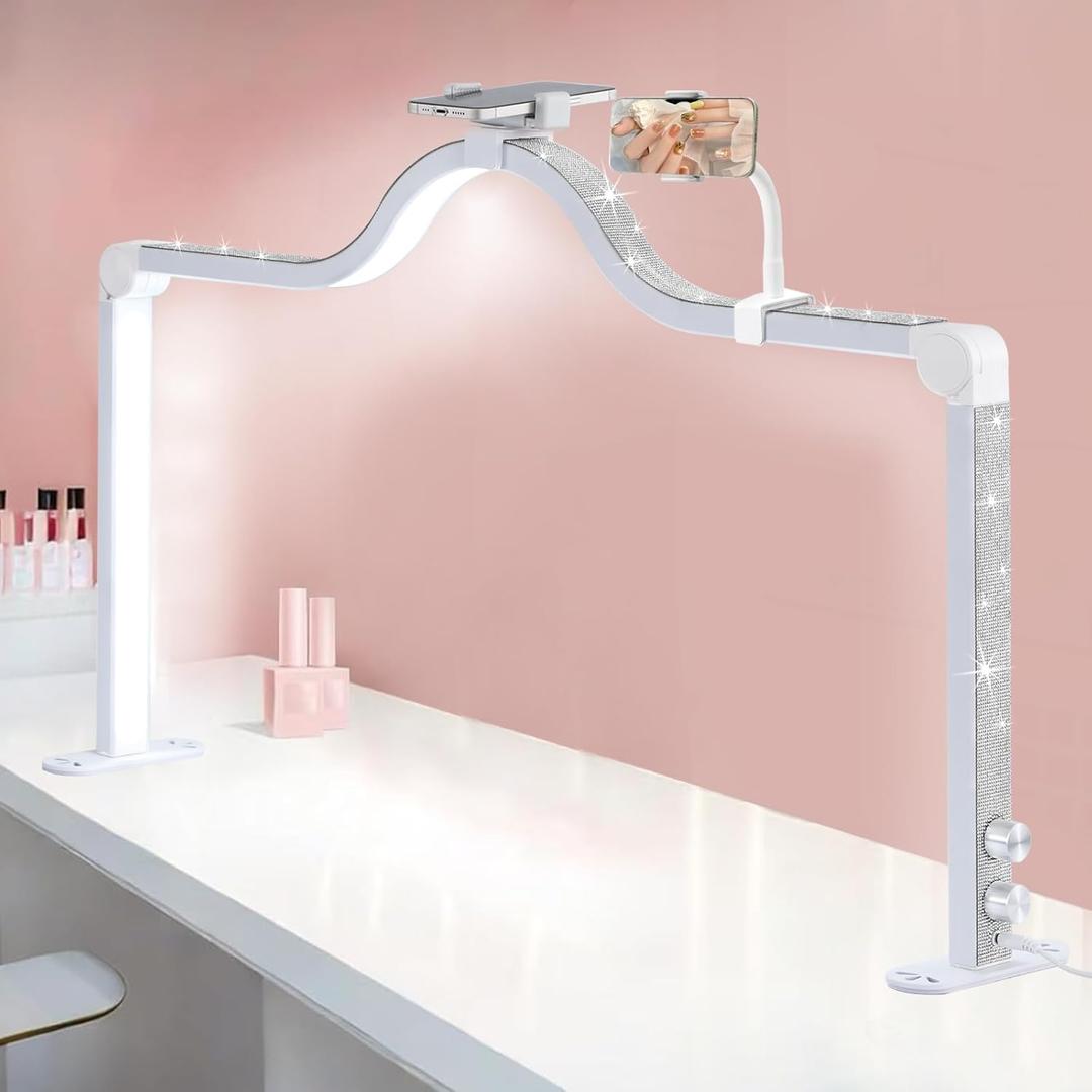 Upgraded Nail Tech Lamp with Dual Phone Holder, 34 in Foldable Large Nail Light for Desk, 3 Modes 3000K-6000K LED Manicure Lamp, Half Moon Light for Lash Eyelash Extension, Tattoo, Eyebrows (White)