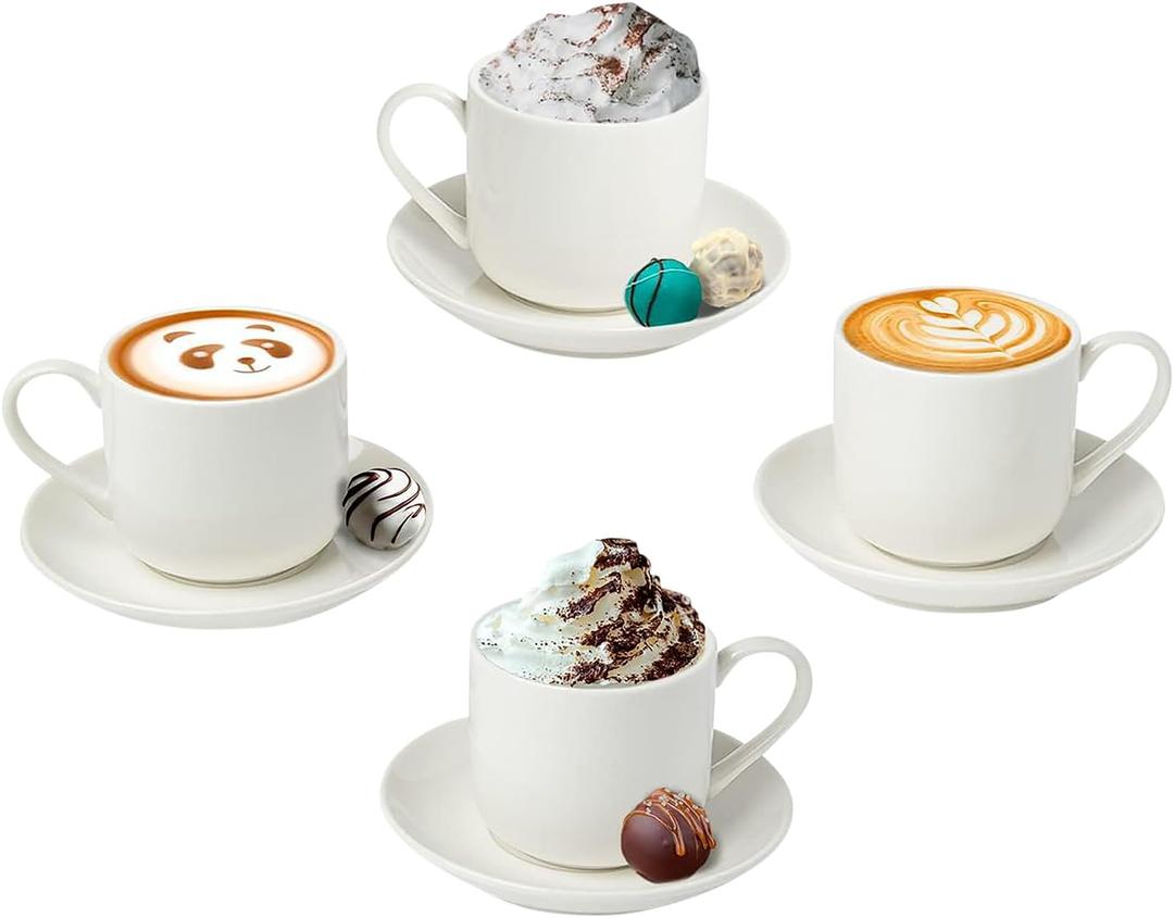 Espresso Cups Set of 4 with Matching Saucers  4 oz White Porcelain Demitasse Cups for Italian, Turkish, or Lungo Coffee  8-Piece Set