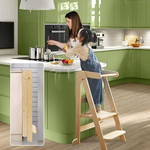 Foldable Toddler Stool Helper 95% Preassembled - Kitchen Counter Sink Folding Step Stool for Kids Montessori Toddler Standing Tower with 3 Adjustable Height Natural