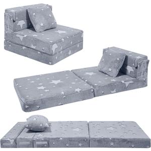 MeMoreCool Kids Tri-Fold Sofa Bed Glow Star Floor Mattress & Foldable Futon Chair Convertible Toddler Couch | Soft Plush Lounge Mat | Playroom Furniture | Includes Pillow