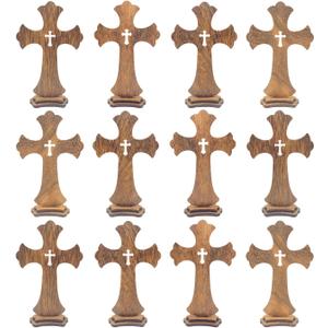 9 Inch 12 Pack Brown Wood Standing Crosses Wooden Tabletop Cross Rustic Cross for Baptism Centerpieces Home Church Decor Prayer Gifts