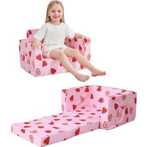 Kids Sofa for Toddler, 2-in-1 Toddler Couch Fold Out, Convertible Sofa to Lounger Bed for Girls and Boys, with Removable Cover & Double Pockets - Pink Strawberry